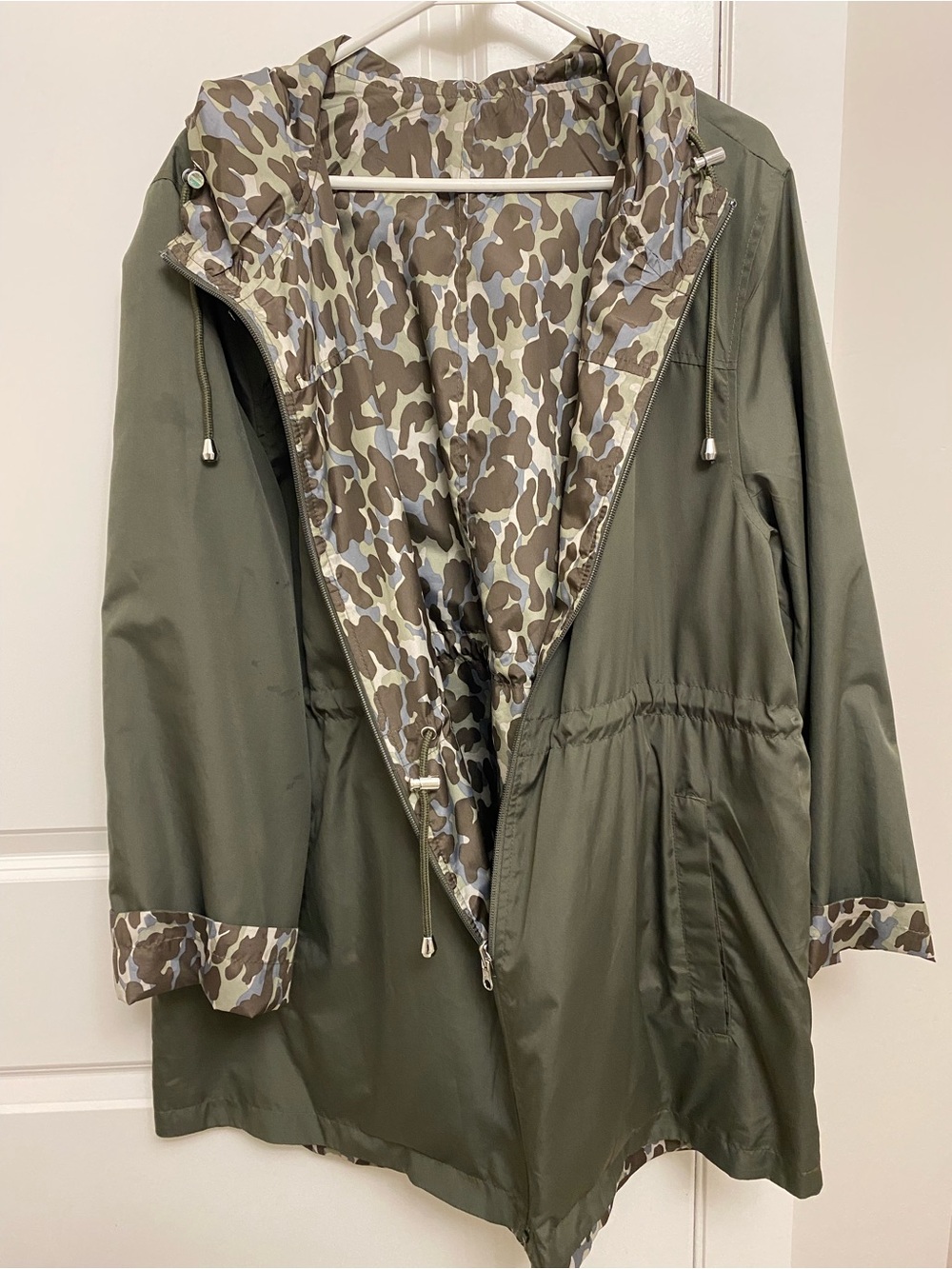 Olive Green Hooded Catherines Jacket with reverse Camo print